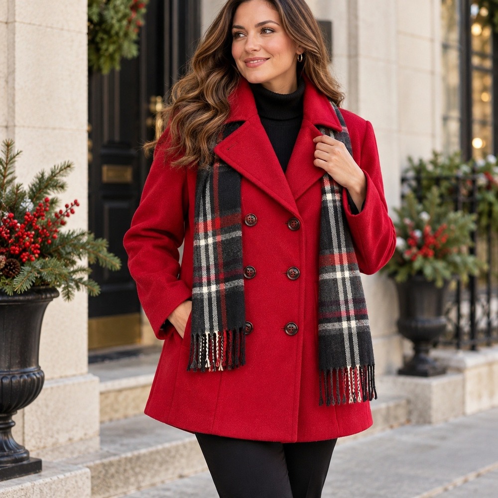 London Fog Womens XXL Red Wool Blend Peacoat Plaid Scarf Double Breasted
